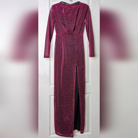 Faeriesty Womens Elegant Sparkly Glittery Magenta Gown, Thigh Slit, Sheer Arms S - Picture 1 of 11